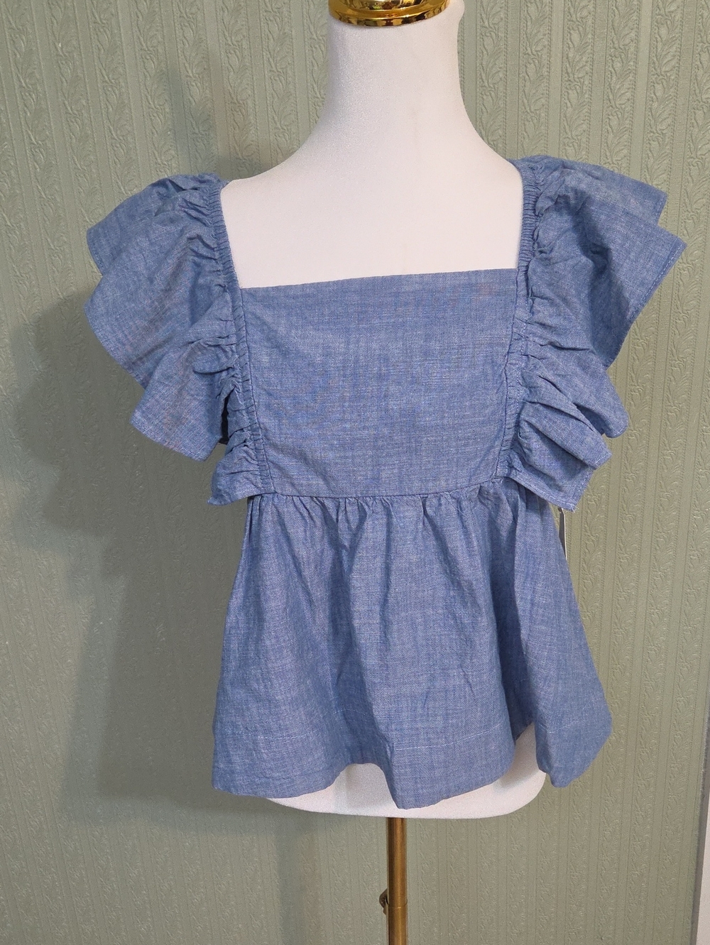 Chambray Ruffle-Sleeve Square-Neck Women's Top - Blue